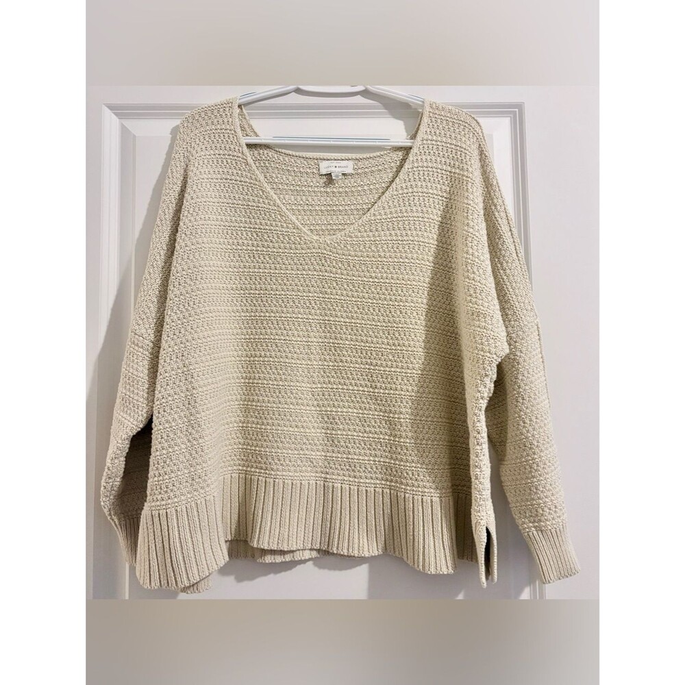 Lucky Brand Cream Tan Beige V-Neck Slouchy Textured Knit Sweater Size XL